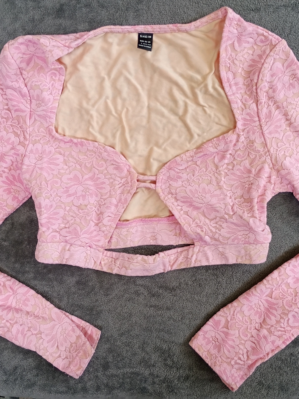 Pink Lace Long-Sleeve Cropped Top